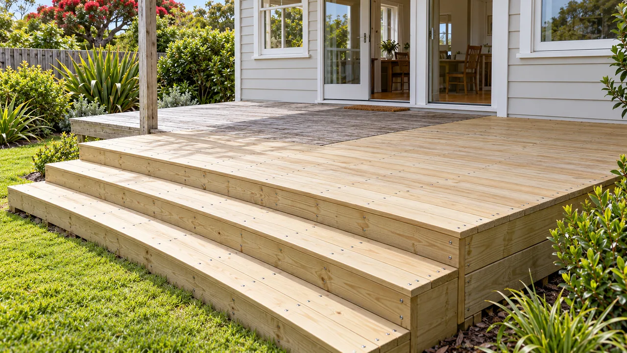 Example of an older deck extended with new timber and wide steps