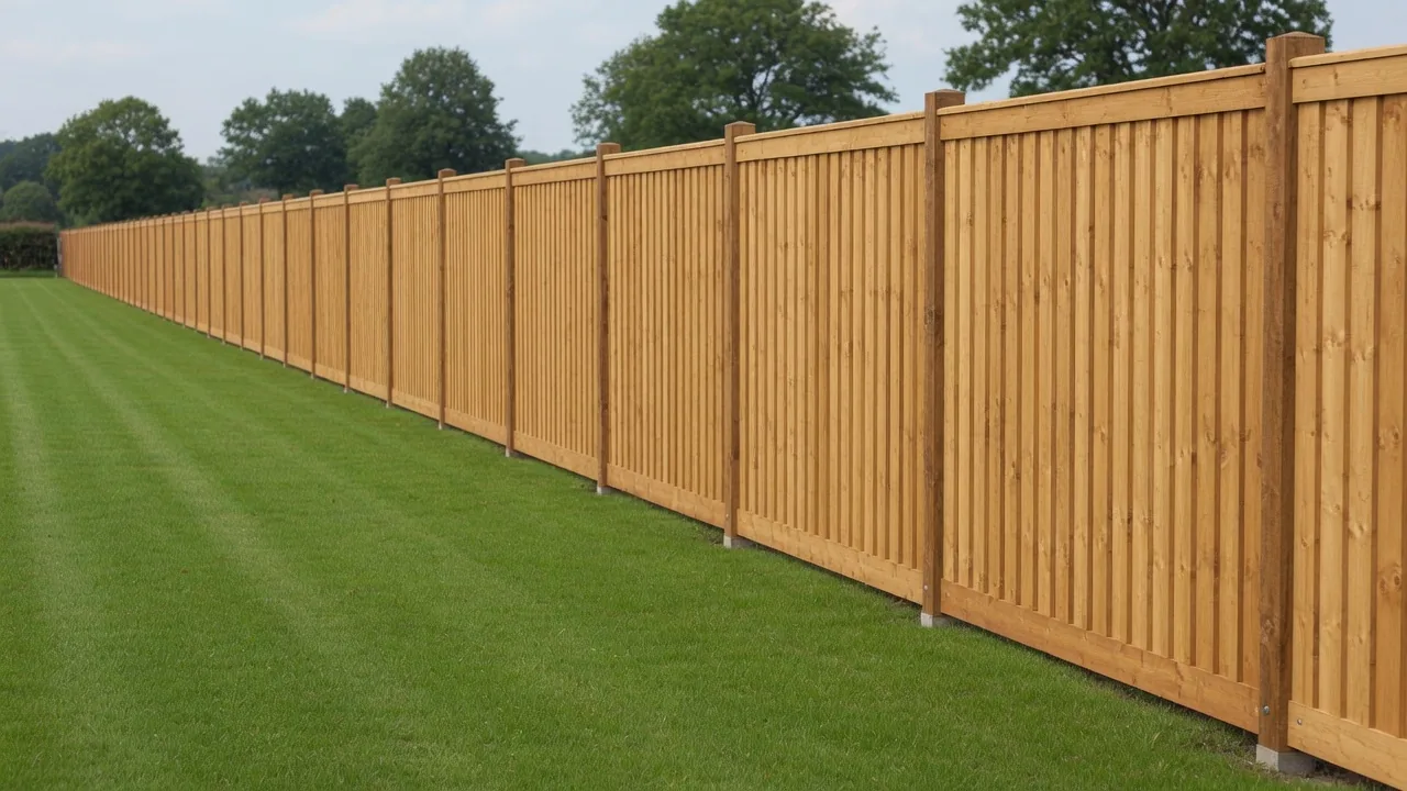 Example of a long new timber paling fence beside a lawn