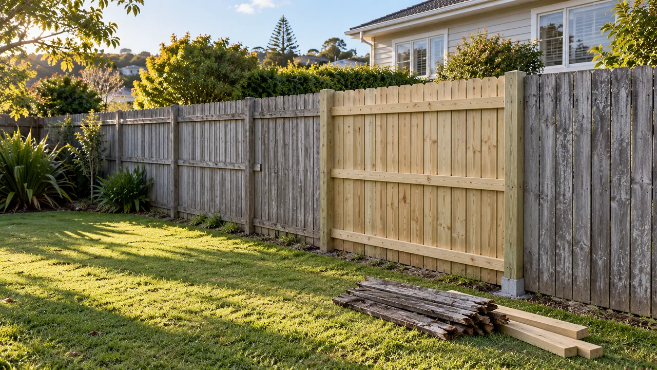 Example of a rebuilt section in a weathered paling fence